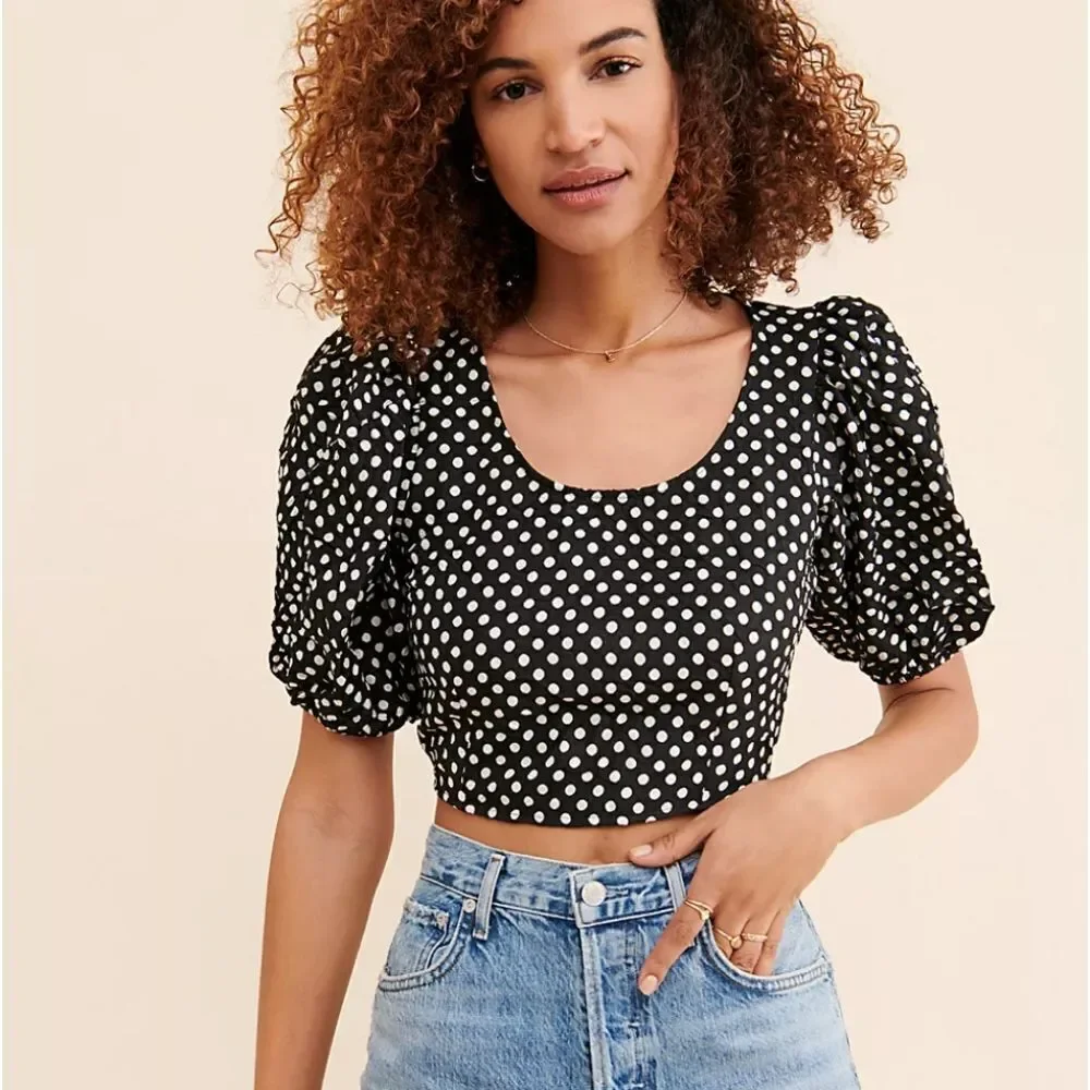 Free People Polka Puff Sleeve Crop Top Black White Size 10 - Picture 1 of 12